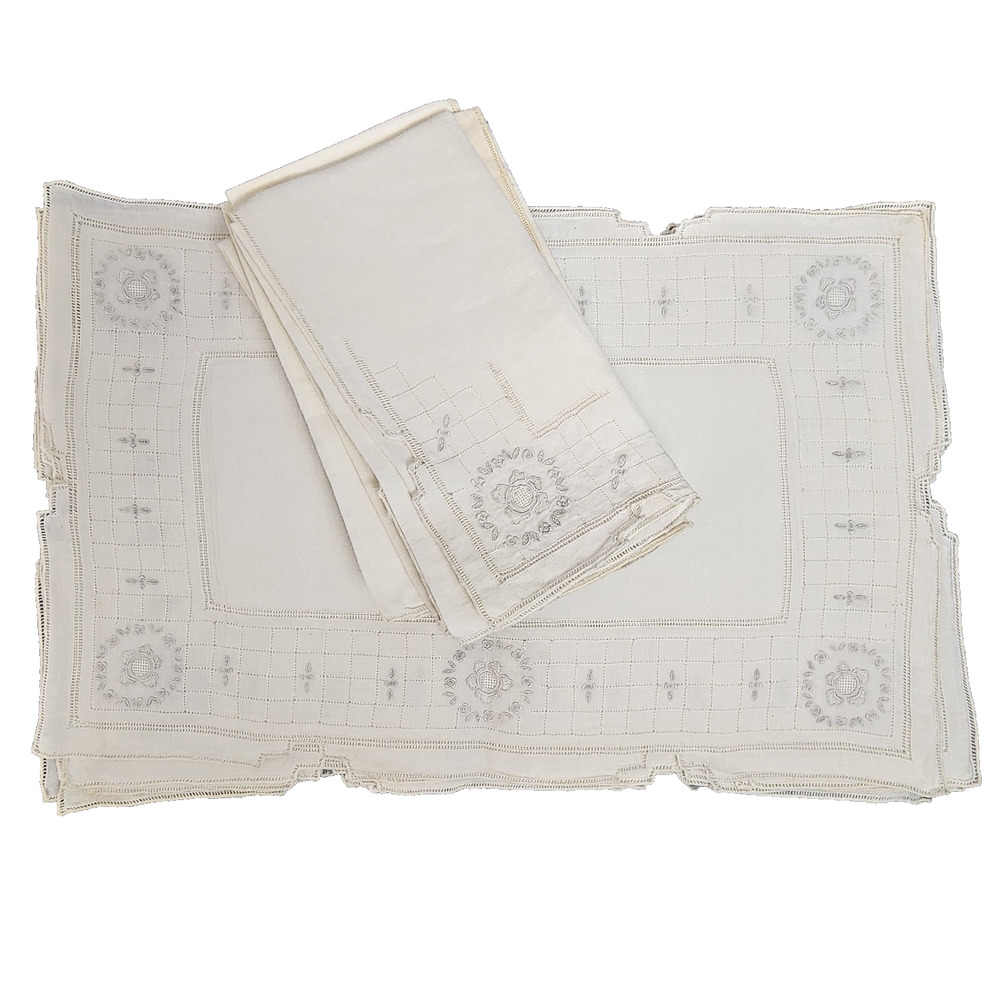 Vintage White Linen Placemats+Napkins Set of 8 with Cutwork & Embroidery 16"x10"